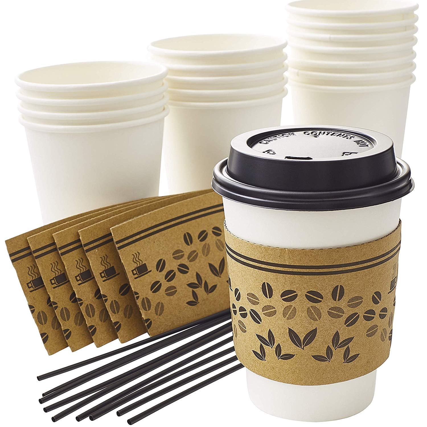 Avant Grub 12 oz. White Disposable Coffee Cup Set with Sleeves, Stirrer, Lids 50Pk.